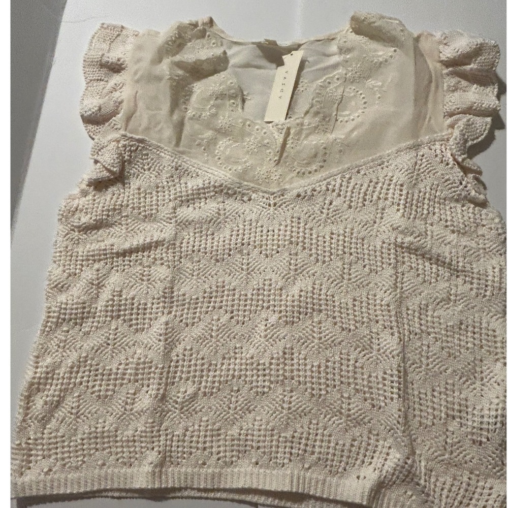 Adiva Women Cream Crochet Knit Embroidered Ruffle Cap Sleeve Top XL NEW